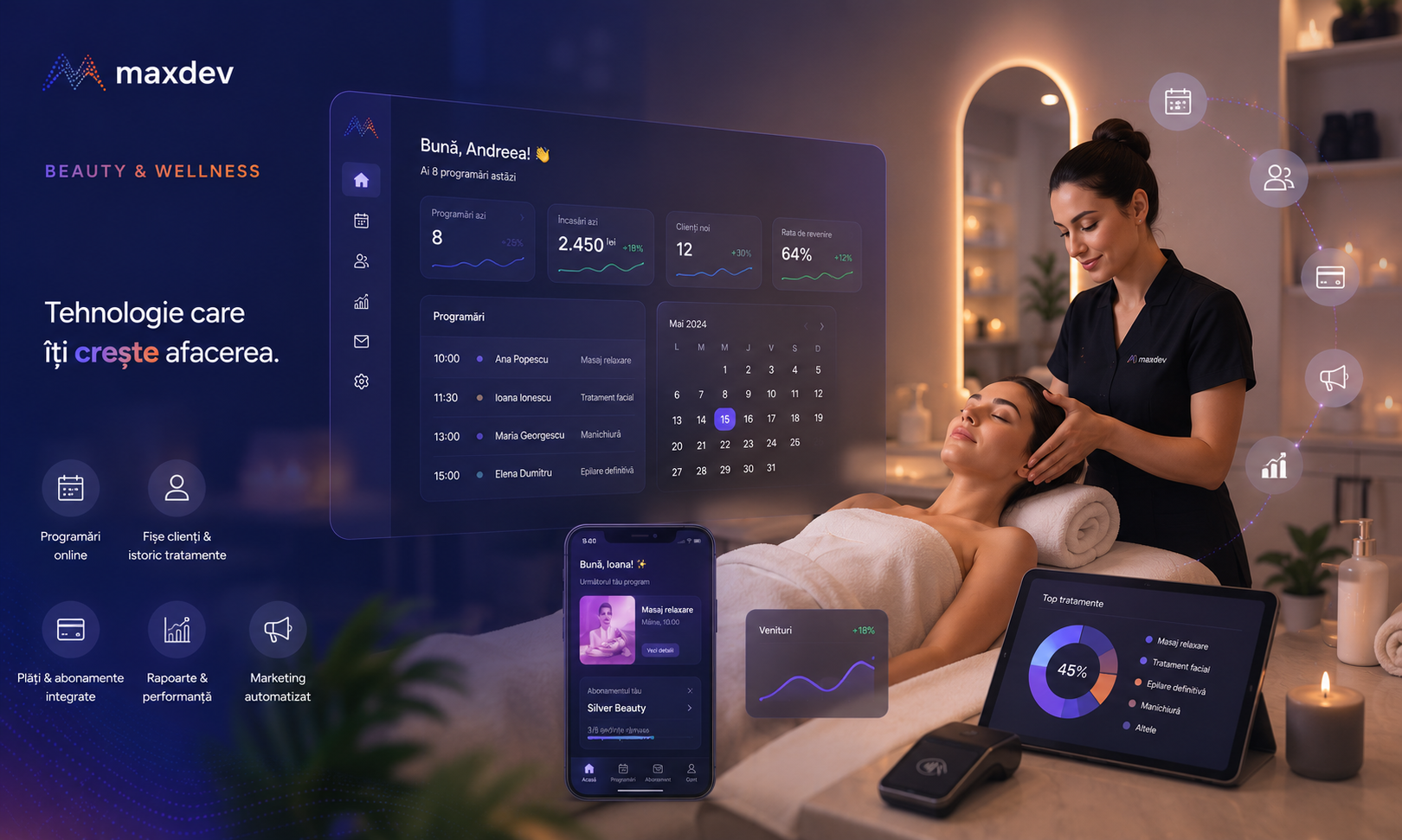 Panou de programări pentru un salon de beauty & wellness