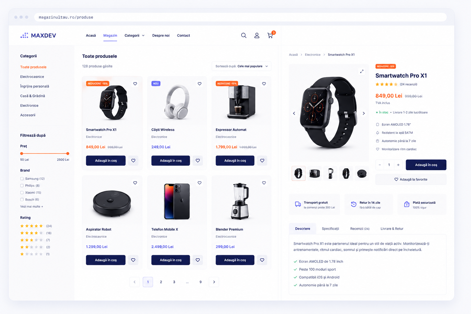 Catalog și pagină de produs pentru un magazin online WooCommerce
