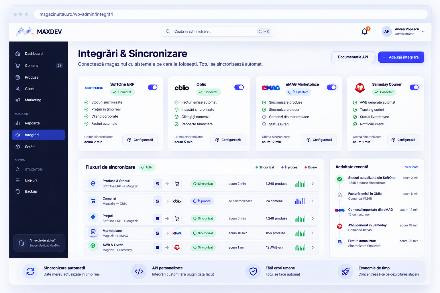 Panou de integrări și sincronizare ERP pentru magazin online